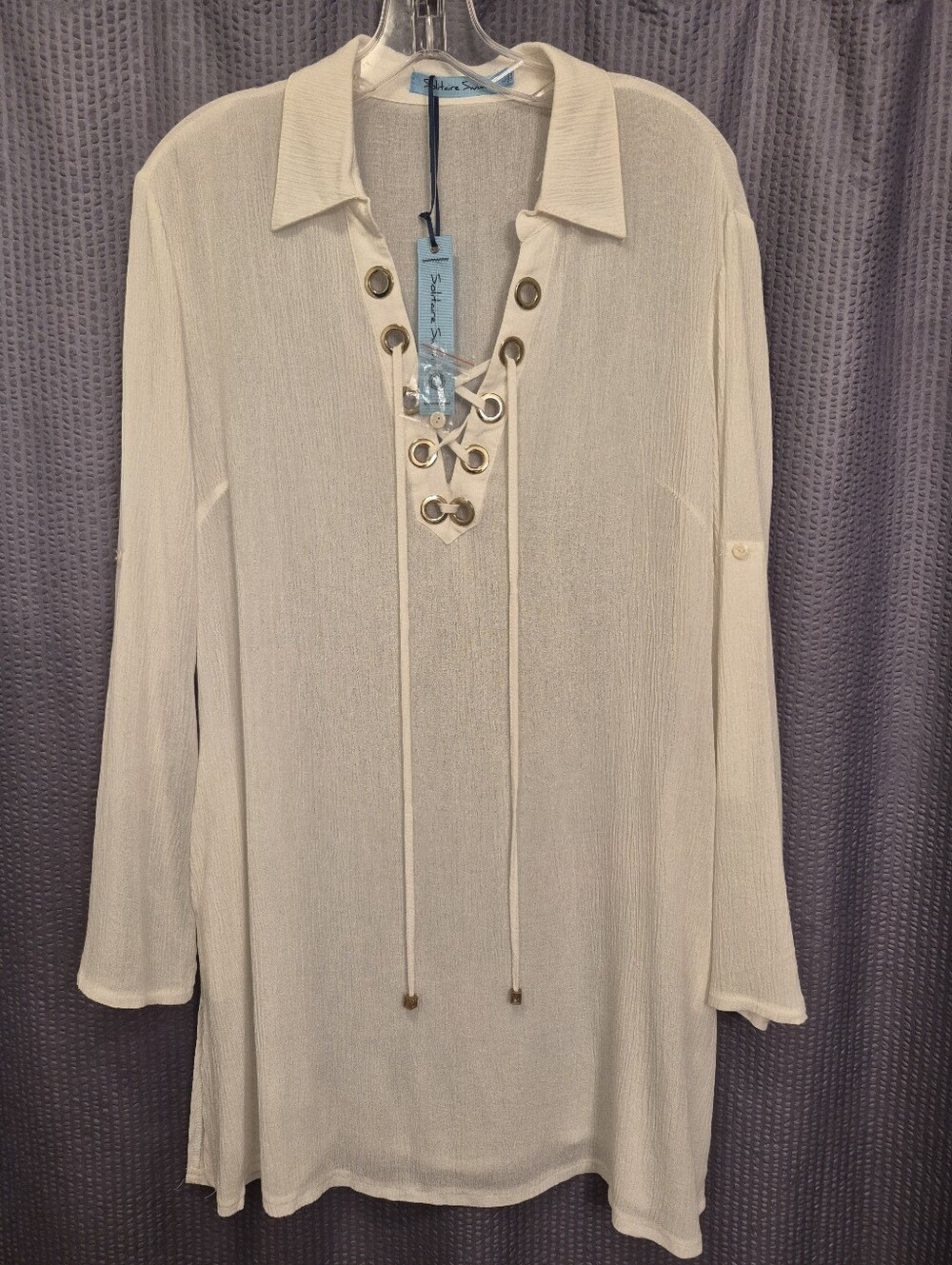 Solitaire Swim White L Gauze Like Coverup Gold Hardware NWT